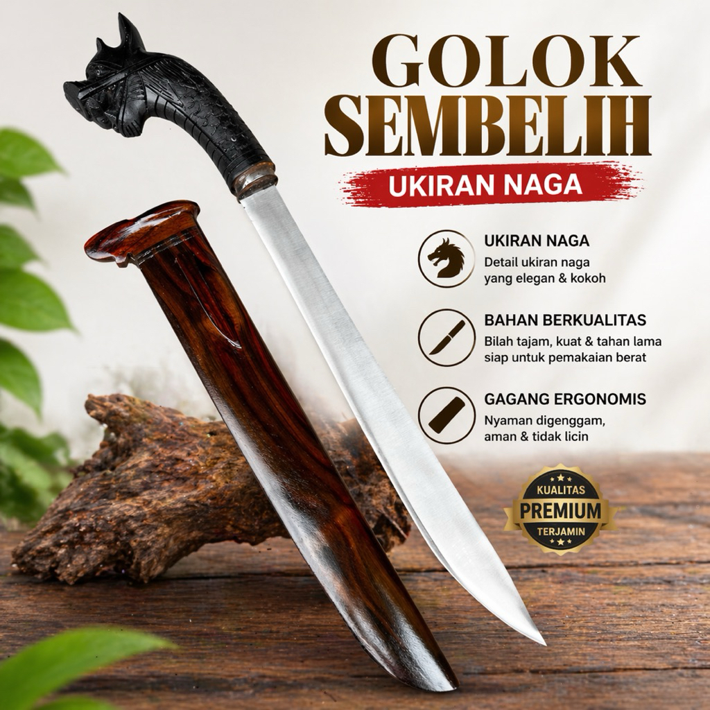 Golok Sembelih Ukiran naga Handmade Baja Per Sepuh - Tajam & Elegan