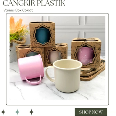 Souvenir Gelas Cangkir Plastik Kemasan Box Coklat