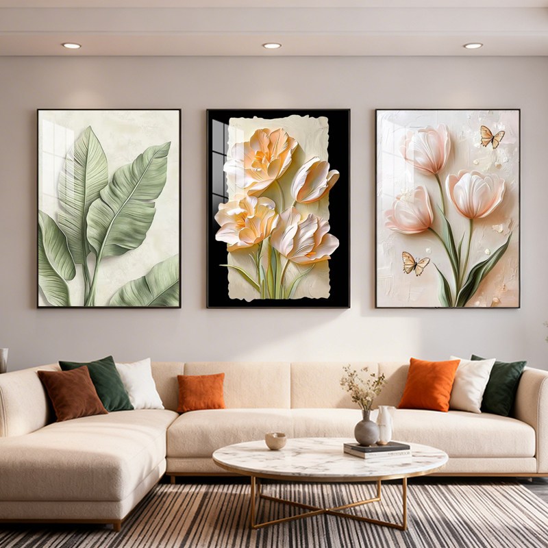 Hiasan Dinding 3 Panel Kristal Keramik - Bunga Abstrak Mewah untuk Sofa Ruang Tamu