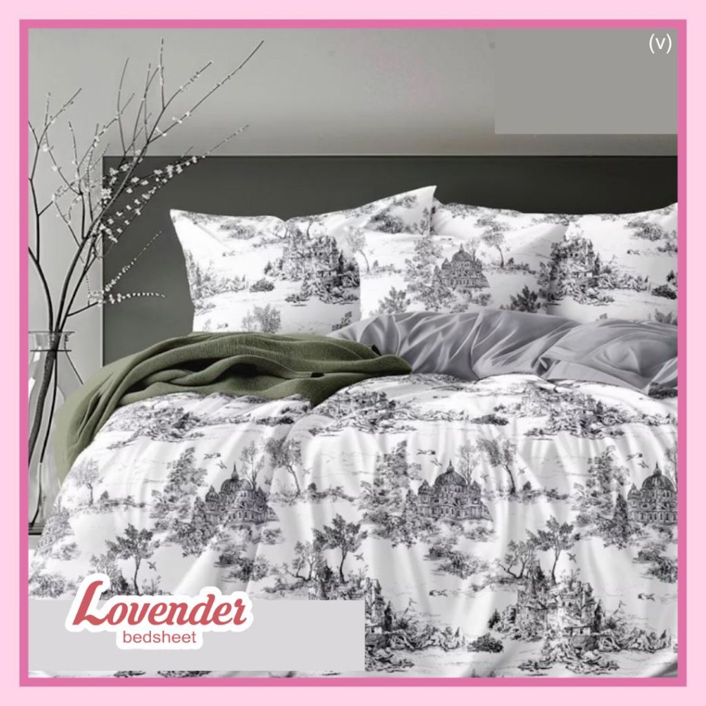 Sprei/Bedcover katun JEPANG putih abu tua dark gray pohon tree daun leaf kota city dior elegan dewas