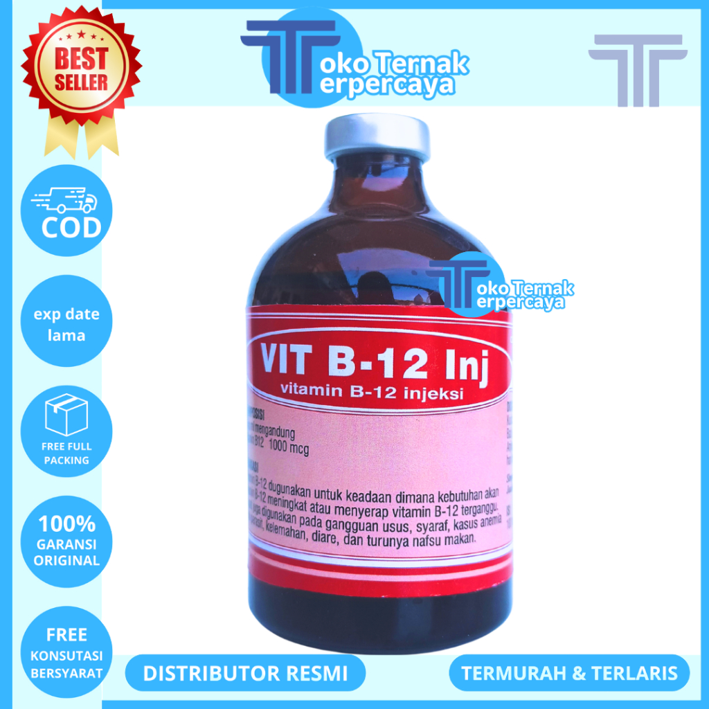 VIT B12 INJ 100ML BOTOL MERAH - Vitamin B12 Hewan Meningkatkan Nafsu Makan Hewan Ternak Sapi Kambing