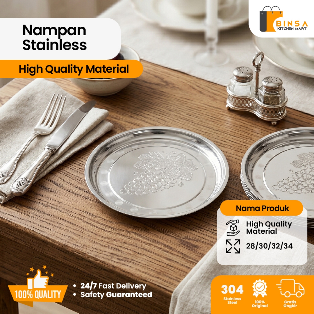 BINSA - Nampan Buah Bulat Stainless Tray Sajian  Multifungsi Makanan Sayur Size 28-34 cm 187
