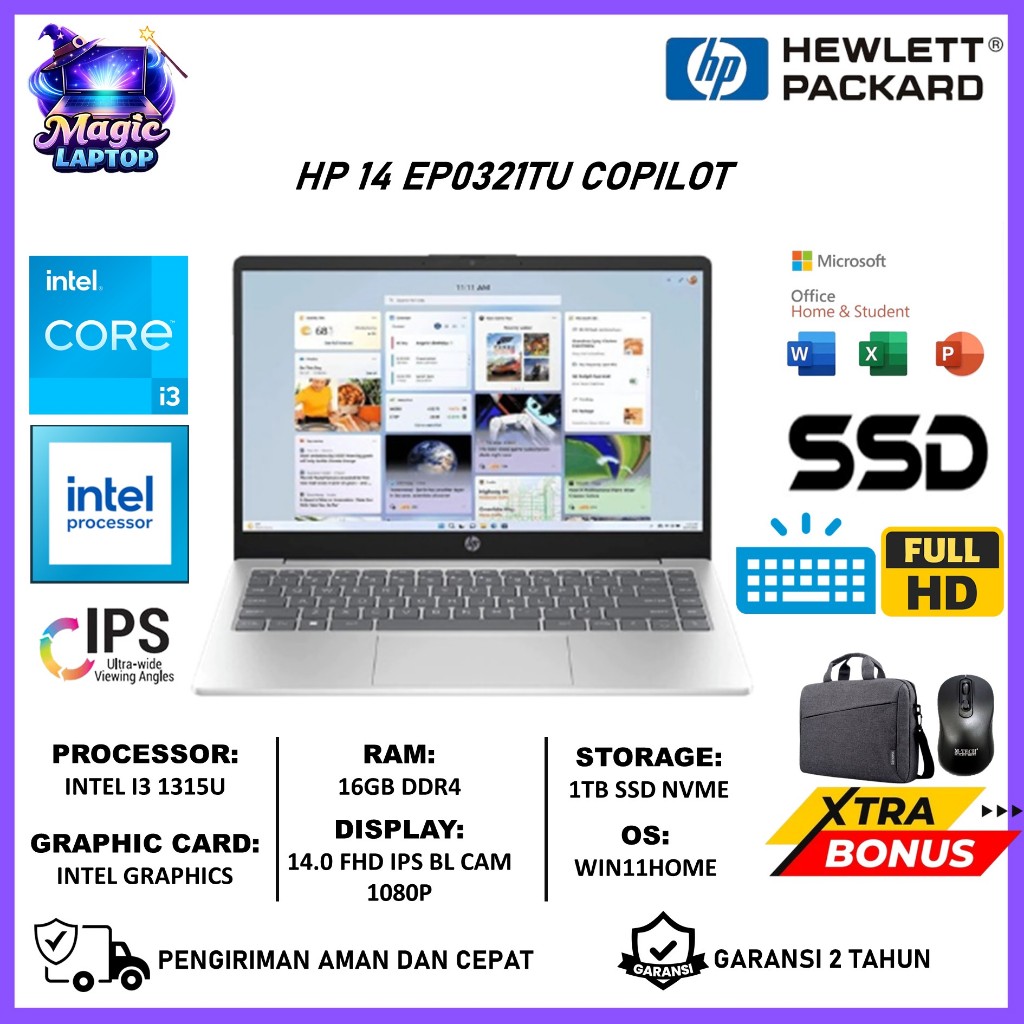 Laptop Resmi HP 14 EP0321TU | HP EP0261TU INTEL CORE i3 1315U 16GB 512GB COPILOT AI TERBARU ORIGINAL