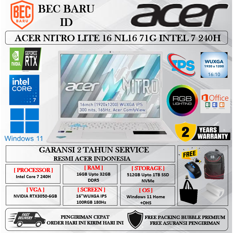 Laptop Gaming Acer Nitro Lite 16 NL16 71G Ram32GB 1TB SSD RTX3050-6GB 16"WUXGA IPS 100SRGB 180Hz