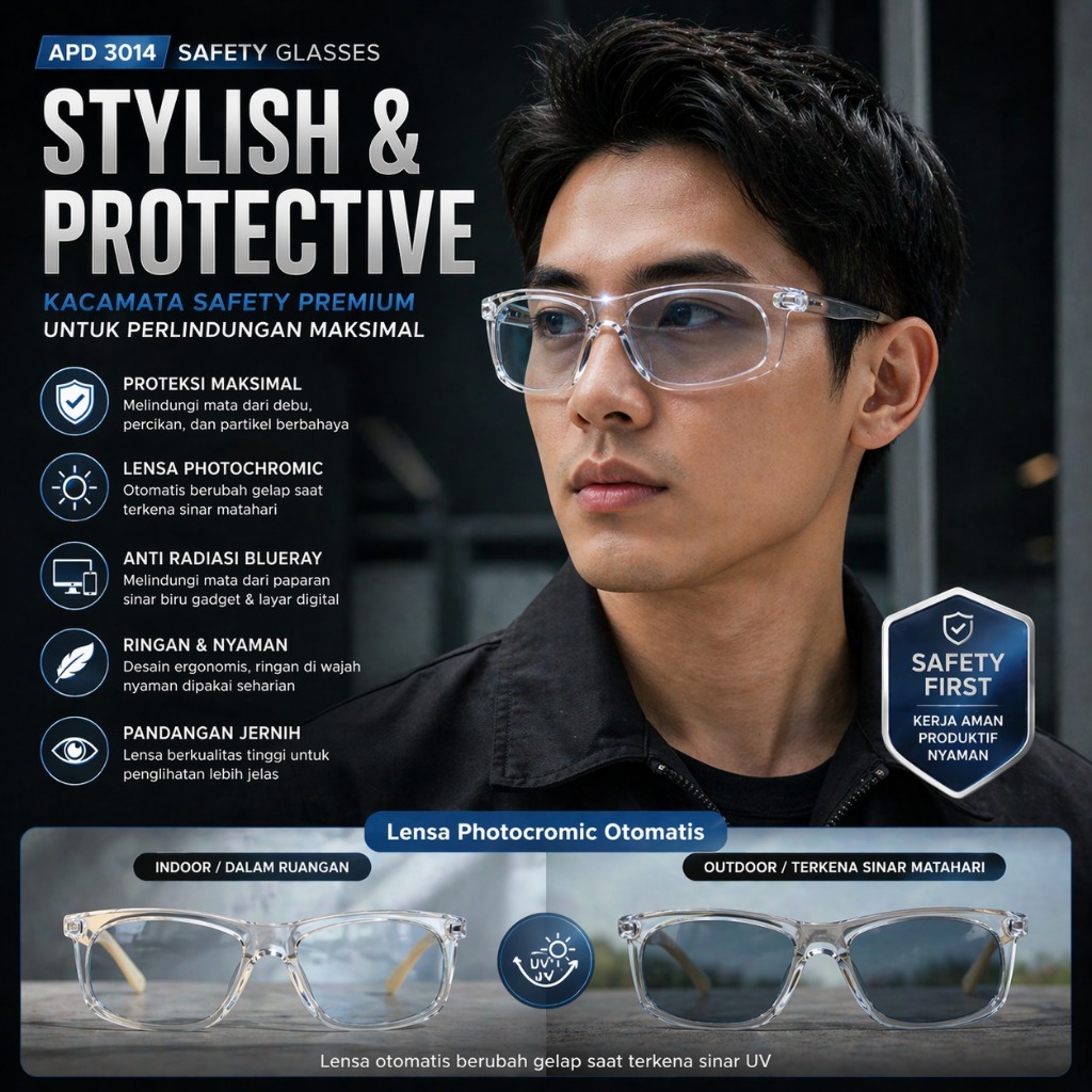 Kacamata Safety Photocromic Pria Wanita Anti Radiasi Blue Ray Bisa Minus APD 3014