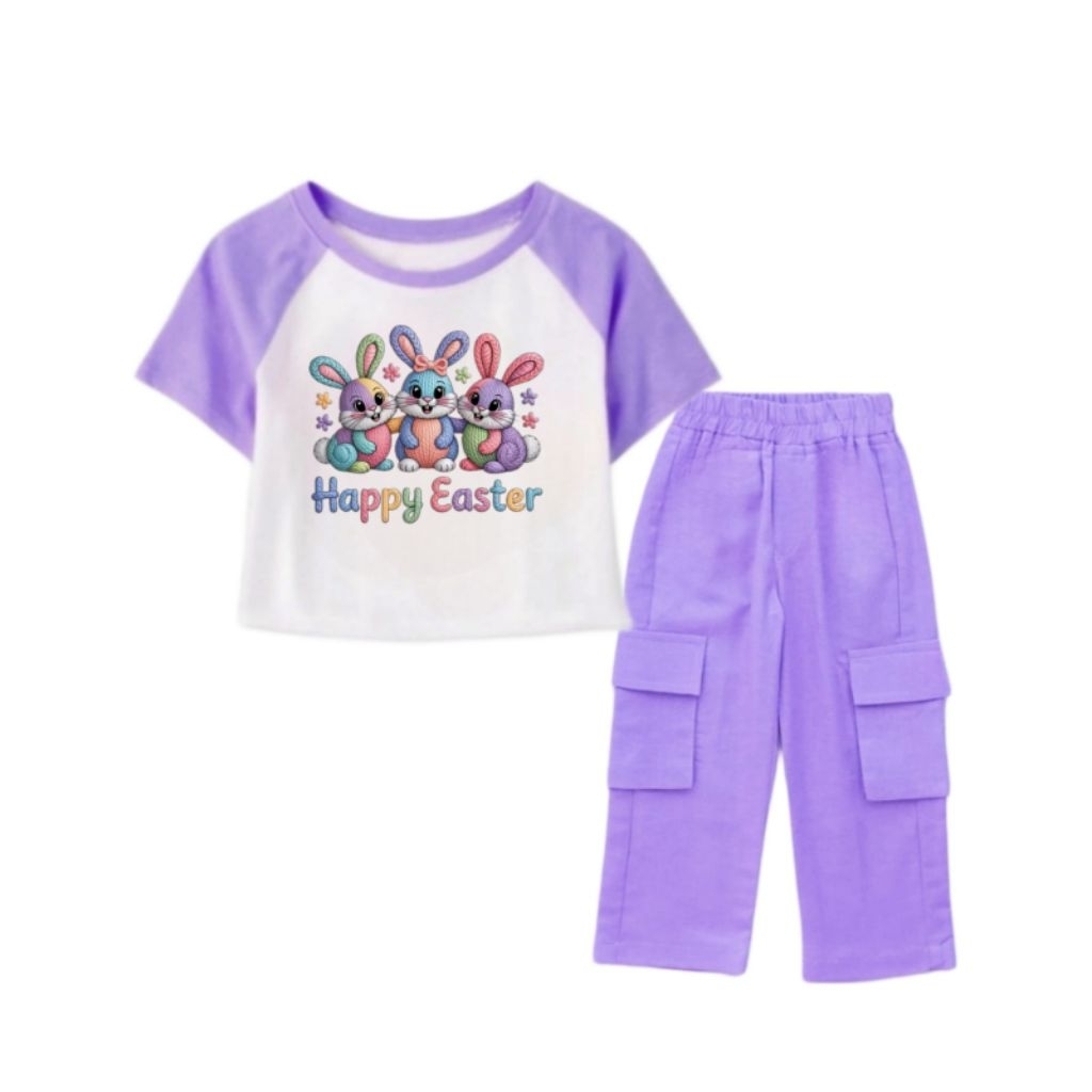 FAMILY89_STORE/Setelan Kaos Celana Cargo Anak Perempuan Usia 2-10Tahun Gambar Paskah Happy easter Sa