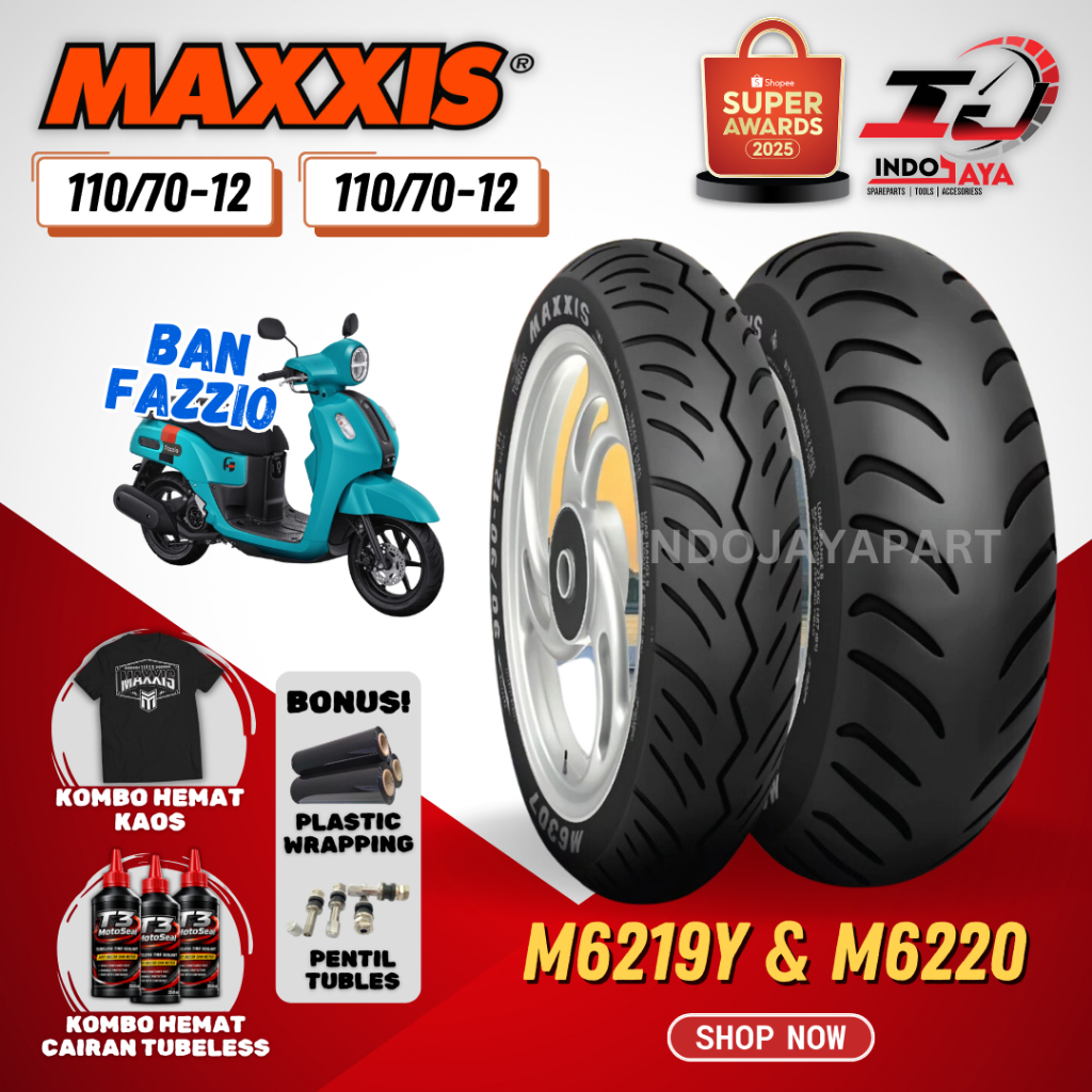PRODUK TERBARU [PAKET DEPAN + BELAKANG] BAN TUBELESS MAXXIS UNTUK FAZZIO M6219 Y / M6220 (110/70-12)