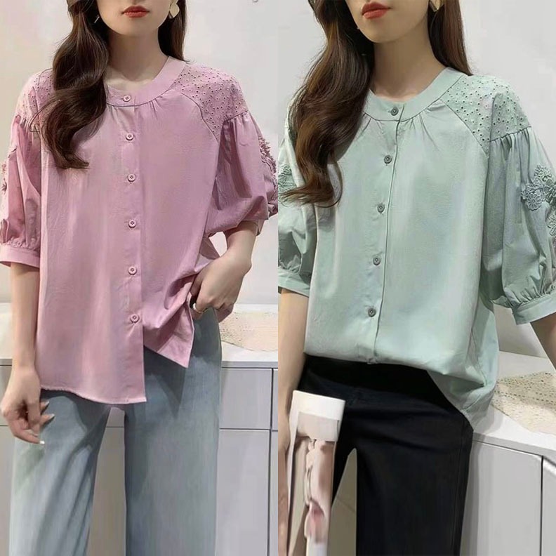 BLUS KATUN PINK HIJAU MINT BAHU PANEL BRUKAT BORDIR LENGAN RAGLAN APLIKASI BUNGA KOREA IMPORT