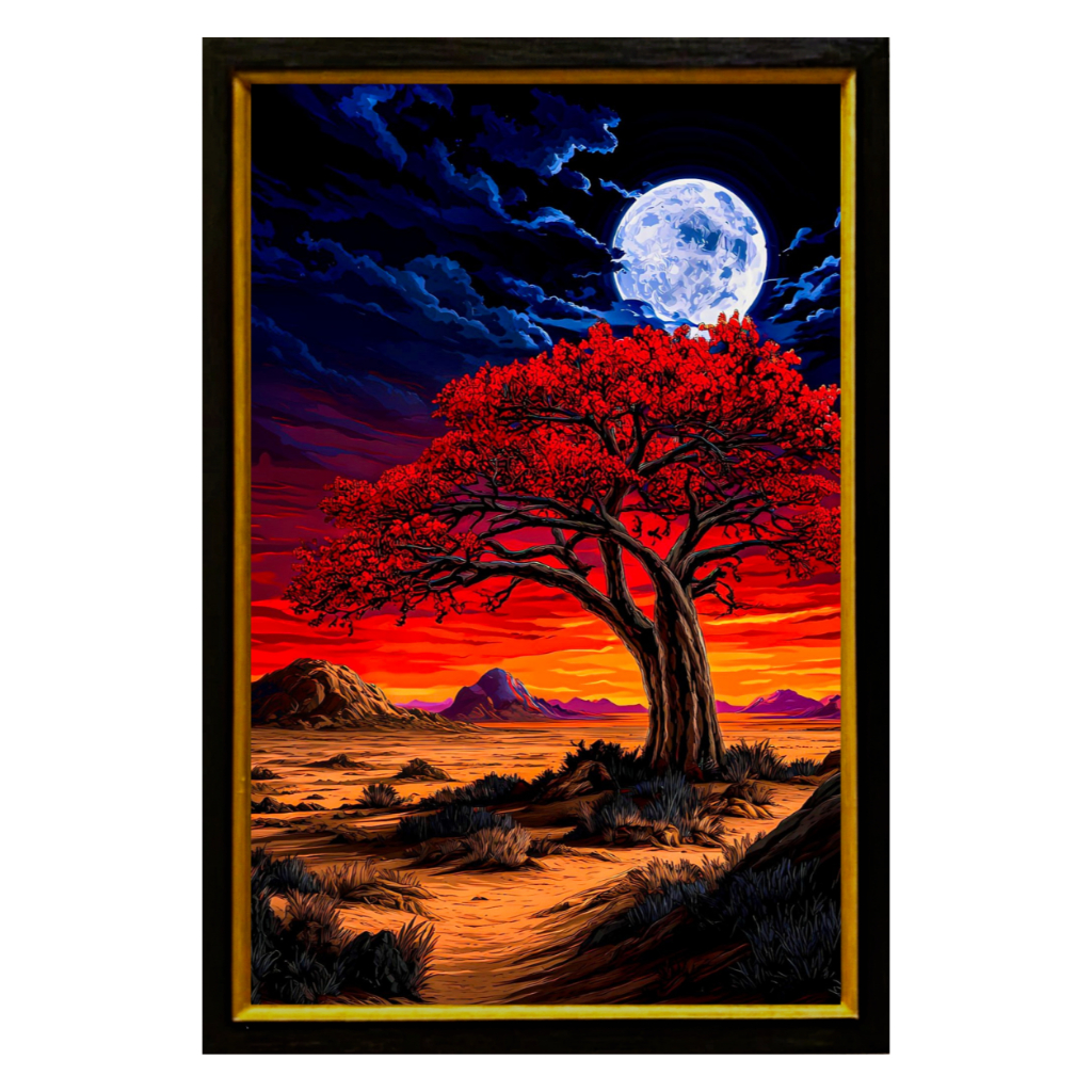 Hiasan Dinding Aesthetic  - Lukisan Pohon Merah Bulan Purnama Mewah Berbingkai Emas UK [47X65]