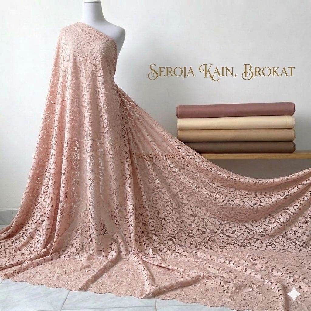 Kain Brokat Renda Motif Bunga Aster Rapat Warna Peach / Salmon Muda Meteran Lbt