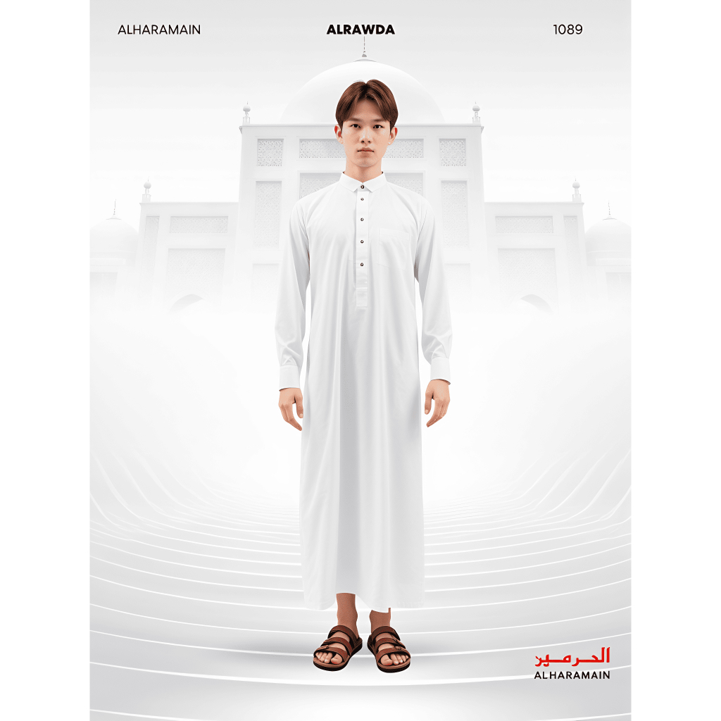 ALRAWDA by Alharamain Jubah / Gamis Pria Dewasa Slimfit Premium Series Putih | Putih Tulang