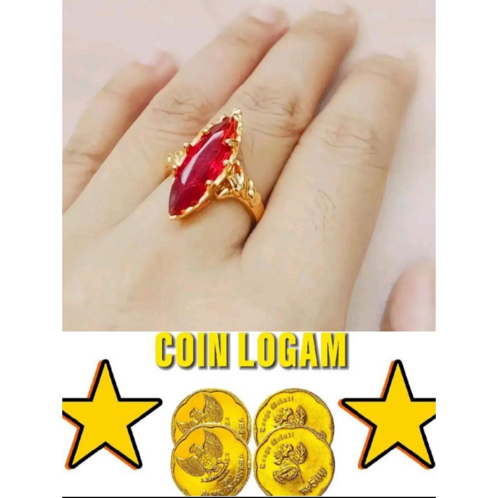 CINCIN KOIN ASLI 1991 CINCIN PERMATA MERAH WARNA EMAS ANTI LUNTUR