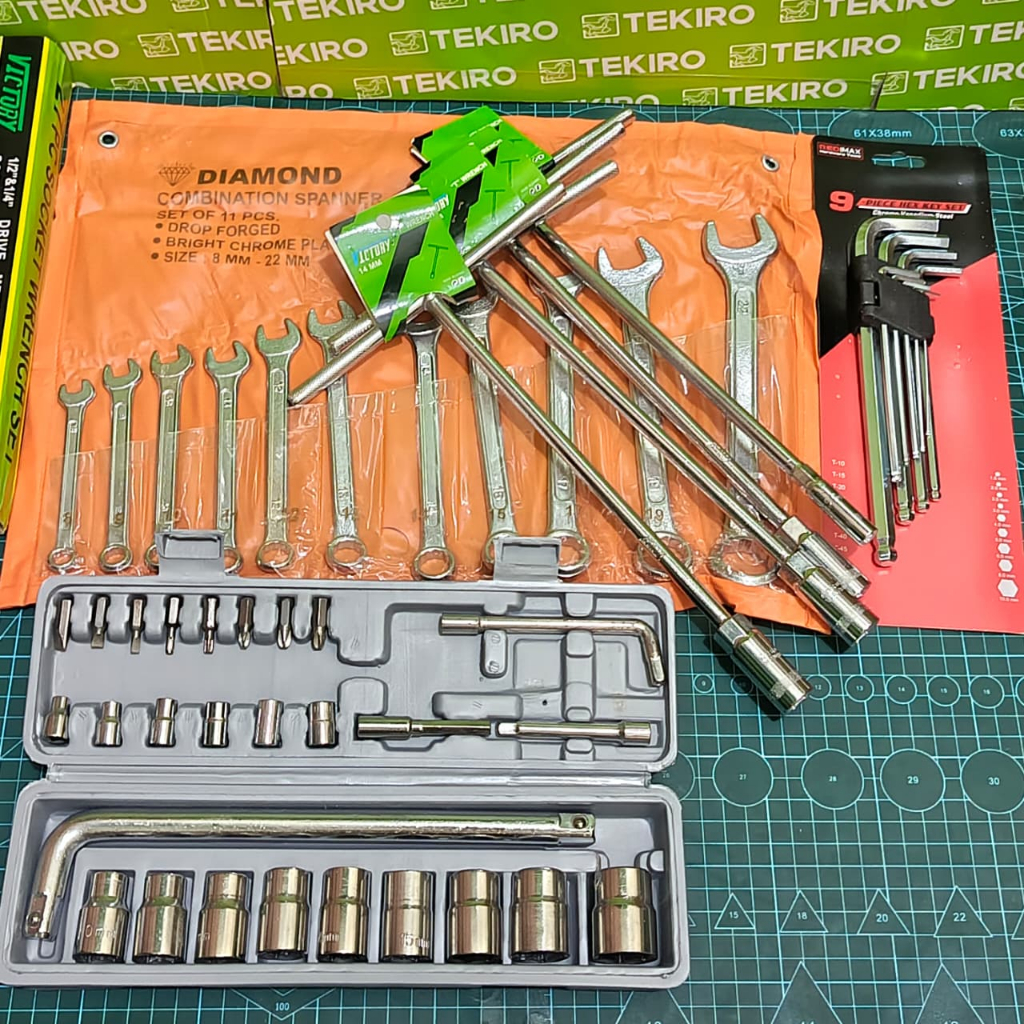 Paket Kunci Bengkel / Kunci Shock 27 Pcs Lengkap Mata Obeng + Kunci T 8 10 12 14 17 mm + Kunci Ring 