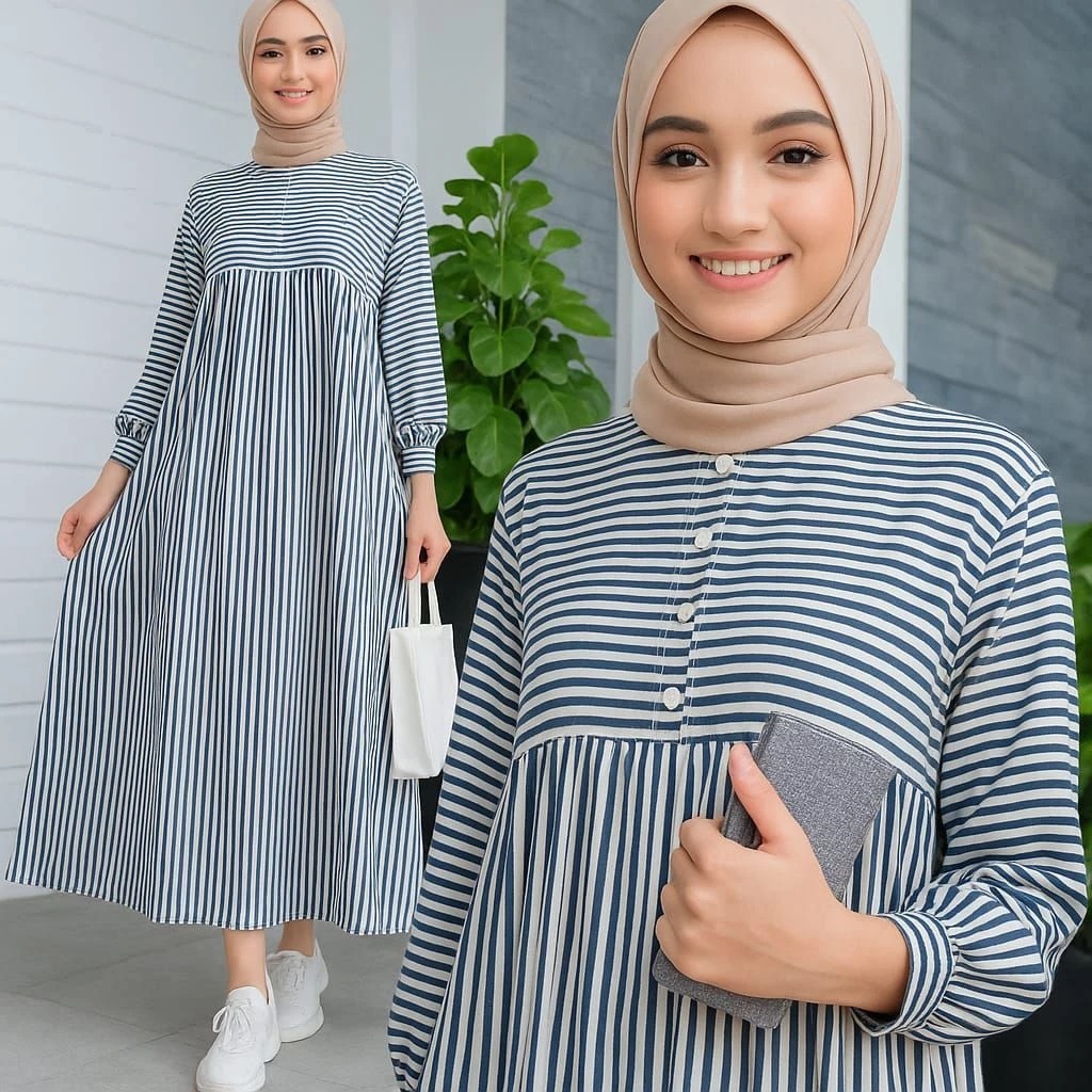 Jawani Midi Dress Garis Salur Premium Import Gamis Wanita Muslim Syar'i Motif Salur Viscose Busui Ka
