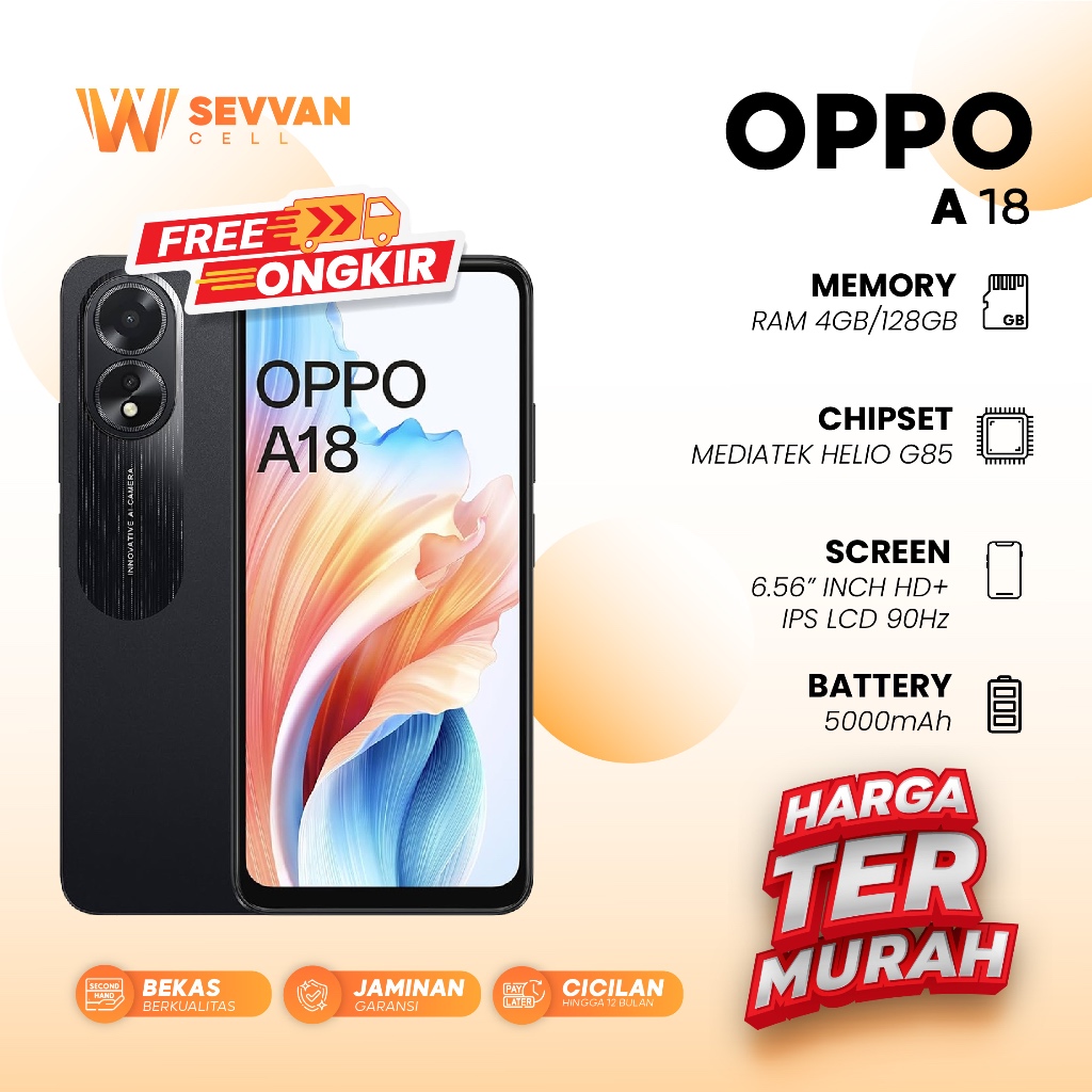 Handphone Oppo A18 Ram 4 128 GB (Batangan Tanpa Charger)