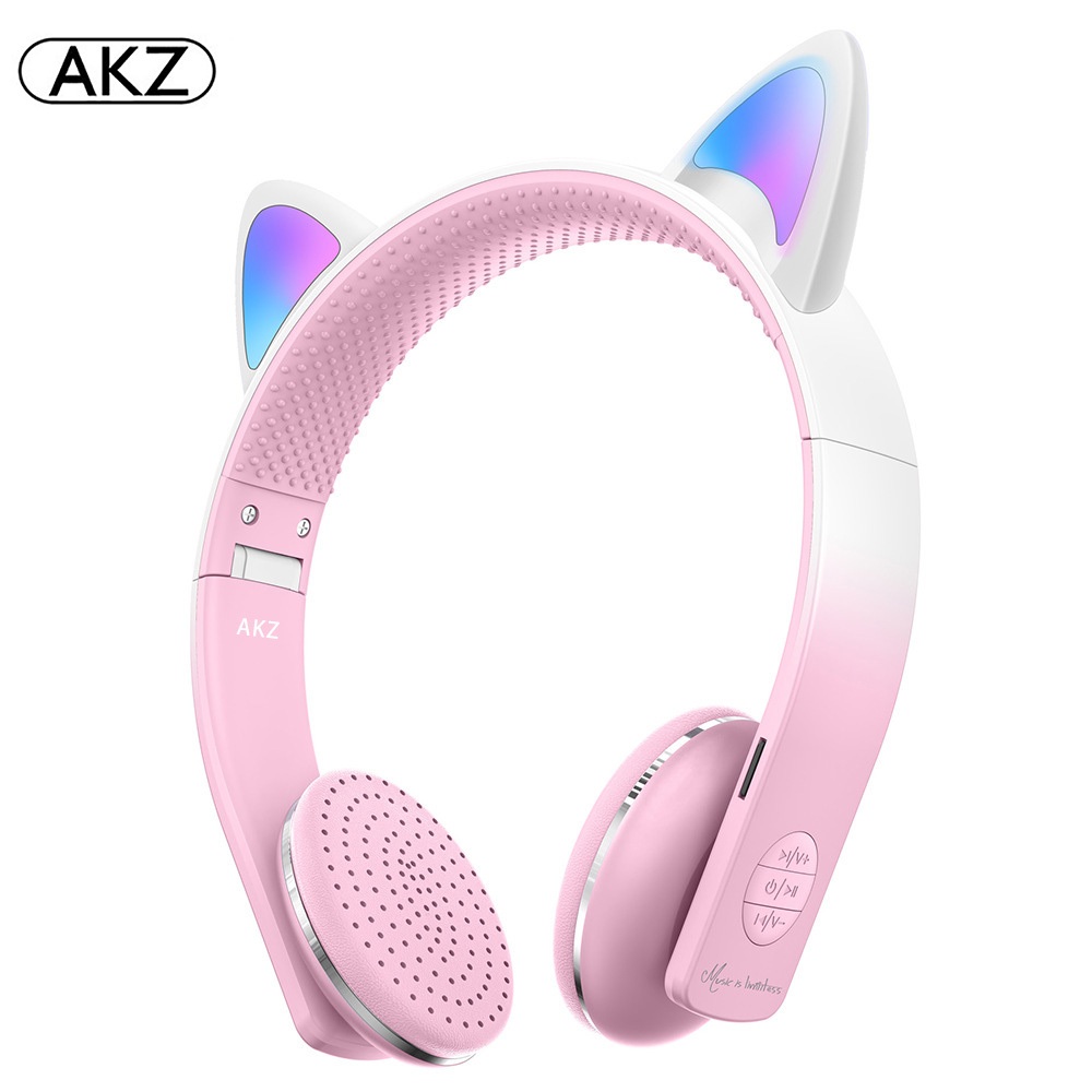 AKZ Headphone Bluetooth Kartun Anak-Anak Bercahaya Headphone Bluetooth Stereo Yang Dipasang Di Kepal