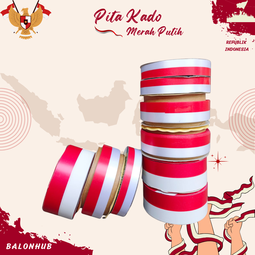 [Roll] Pita Kado Merah Putih Uk 2cm 2,5cm 3,8cm | Pita Bendera Merah Putih 20mm 25mm 28mm | Pita Kad