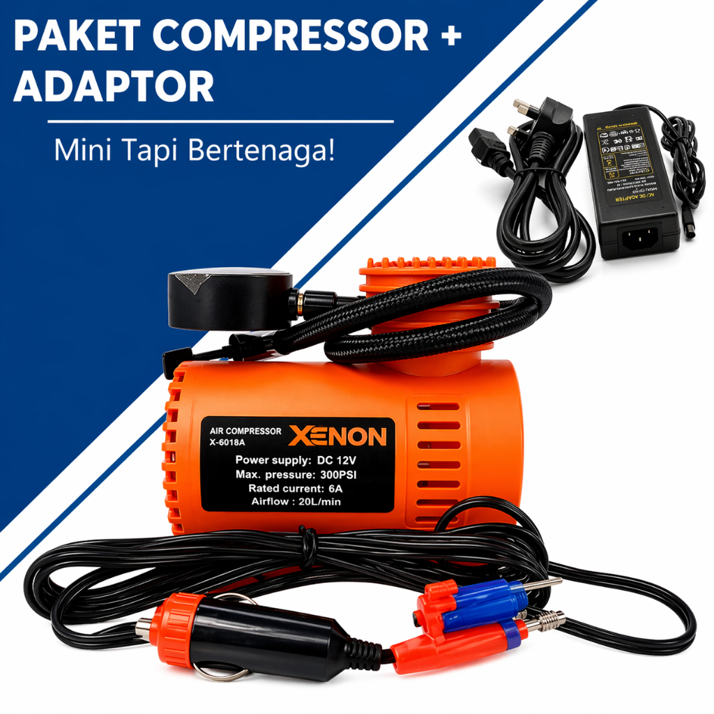 Pompa Ban Mobil Xenon Mini Kompresor Angin Listrik 300 psi Compressor mini + Adaptor Pompa Udara
