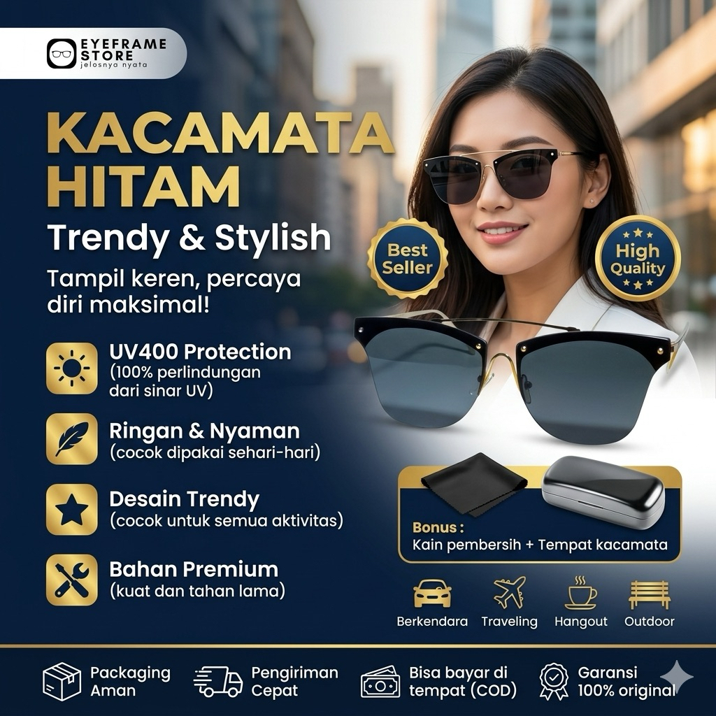 Kacamata Hitam Wanita Cat Eye | Frame Besi Elegan Fashionable