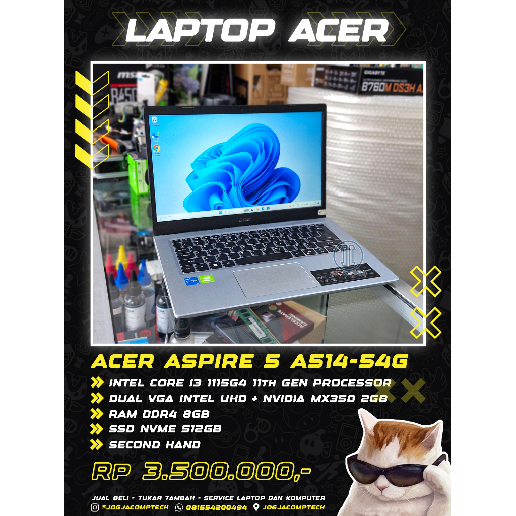 Laptop ACER ASPIRE 5 A514-54G Intel Core i3 1115G4 Gen 11 Ram ddr4 8gb DUAL VGA Intel UHD + NVIDIA M