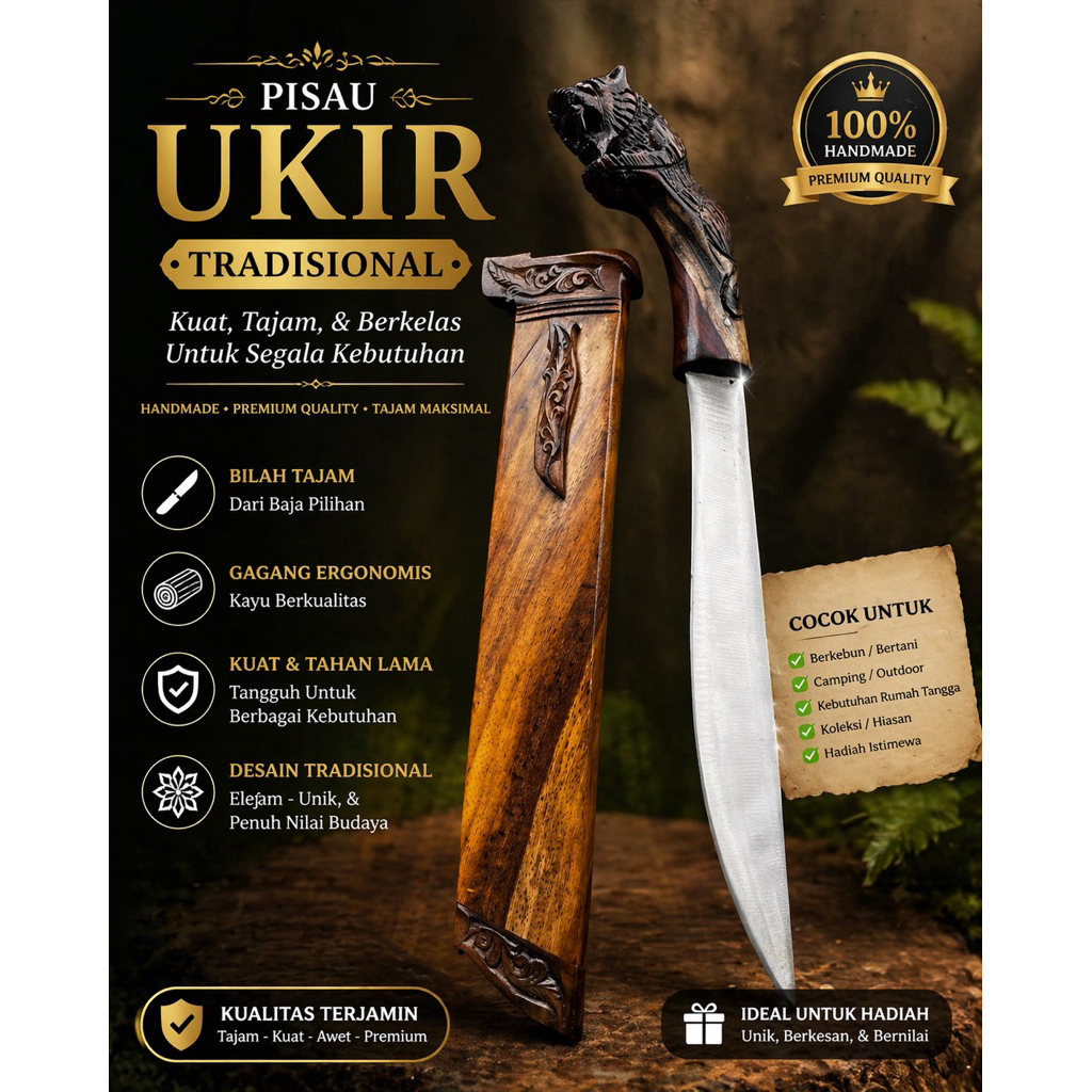 Golok Sembelih Ukir Macan Kayu Johar | Panjang Bilah 30cm | Golok Sembelih / Pajangan / Kerja | Baja