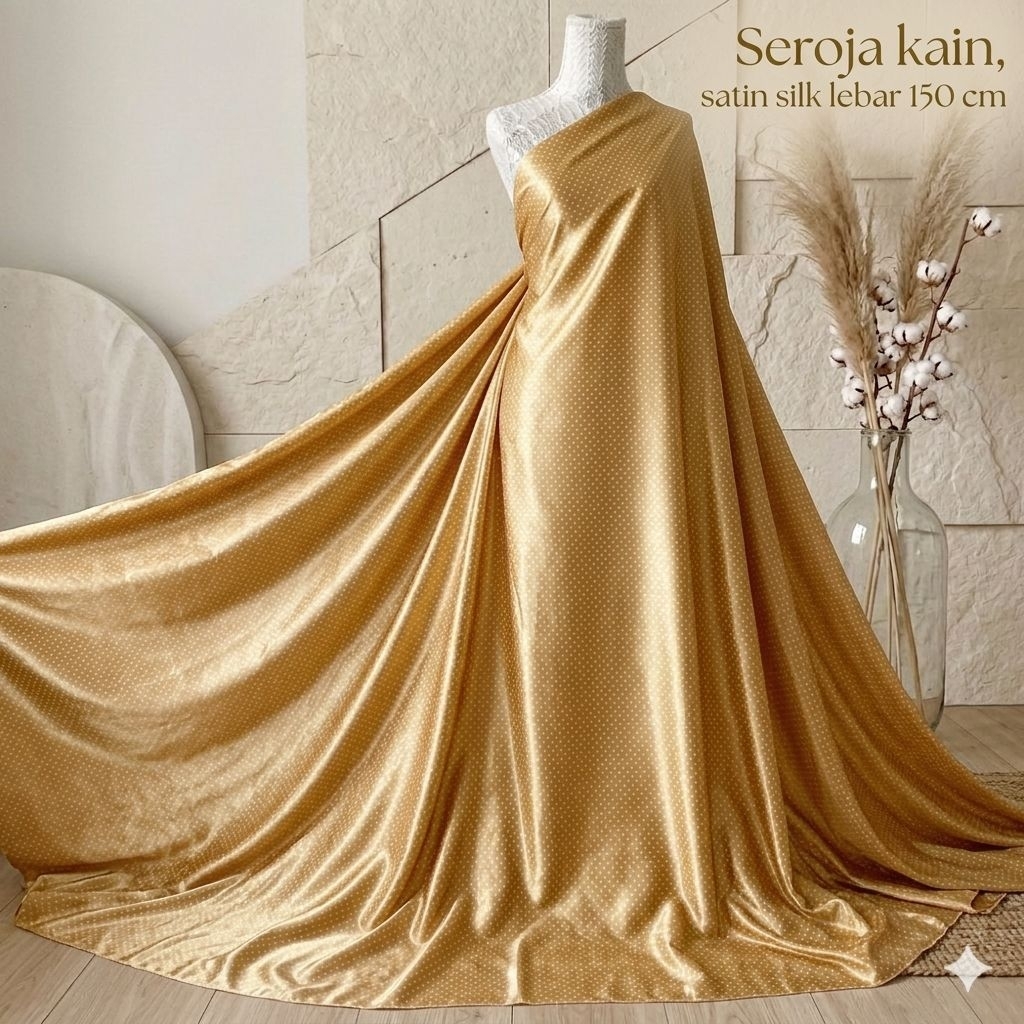 KAIN SATIN SILK PREMIUM Motif Polkadot Kecil | Warna Gold Mustard Emas | Bahan Furing Gamis Dress Me