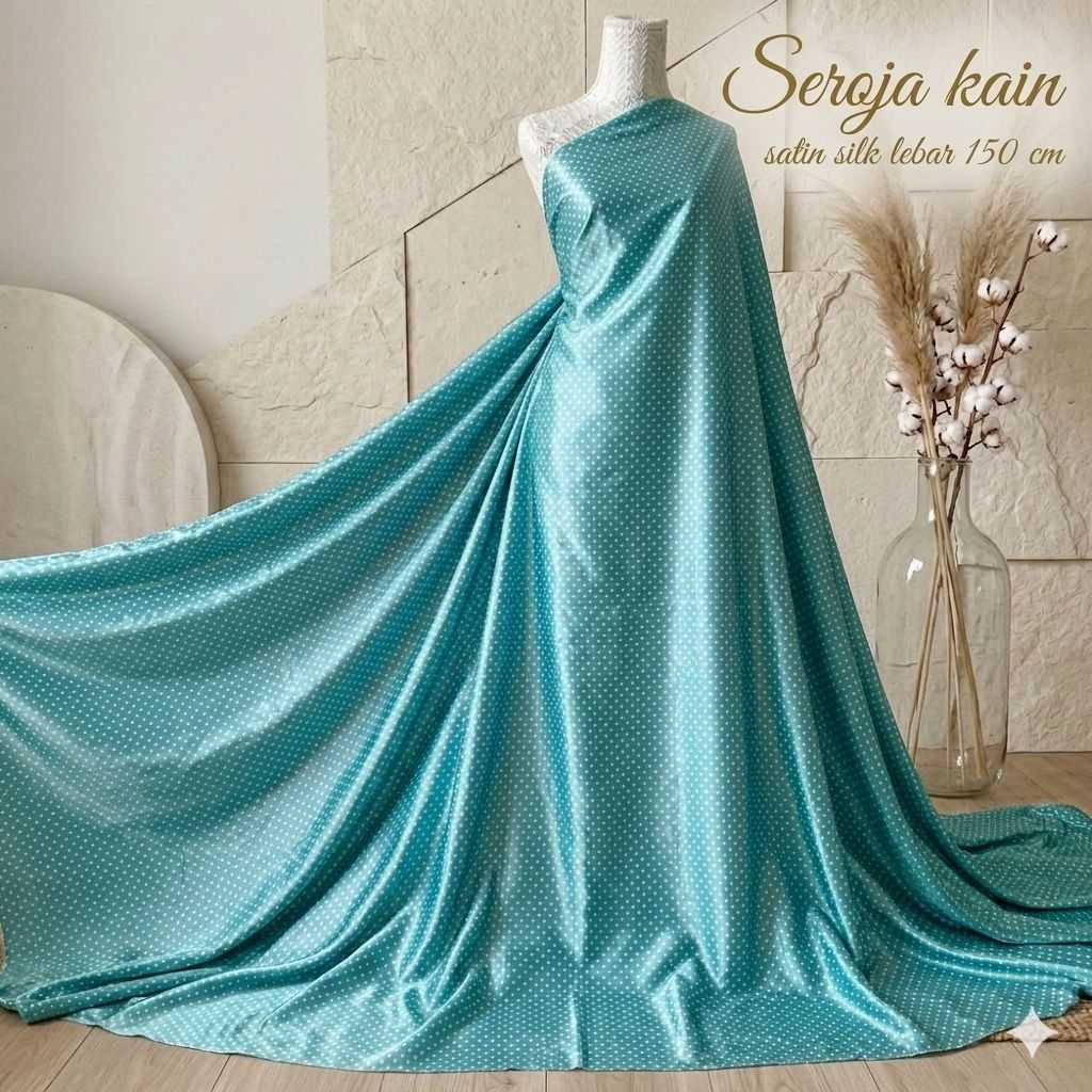 KAIN SATIN SILK MOTIF Polkadot Tosca Mint | Bahan Dress Blouse Rok Vintage Korean Style Meteran Aj