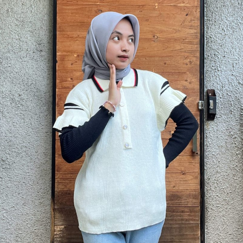 Elvira Atasan Knit Top Blouse Ruffle Lengan Pendek