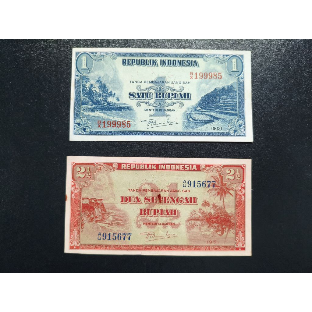 Uang kertas kuno 1 rupiah dan 2,5 rupiah tahun 1951 seri Pemandangan