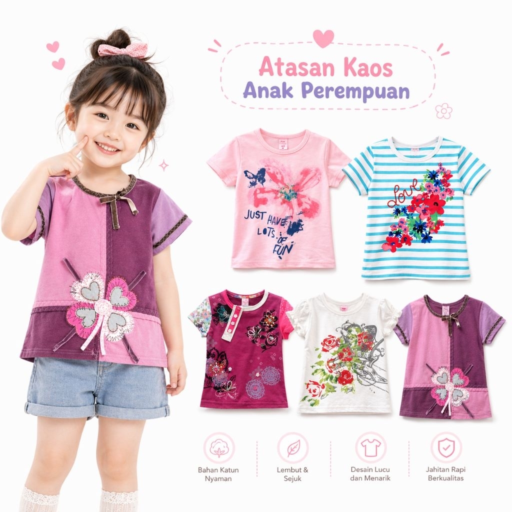 Atasan Kaos Anak Perempuan Import 1-5 th Tshirt  Kaos anak Cewek  katun Adem