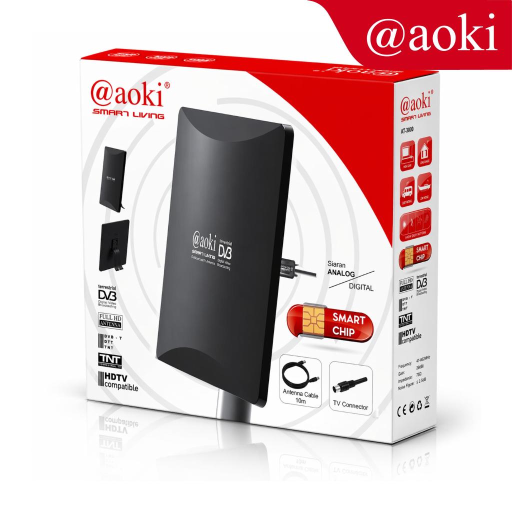 AOKI Antena TV Digital AOKI AT3000 DVB-T2 Indoor Outdoor Sinyal Kuat HD Booster 2 TV Kabel 10M