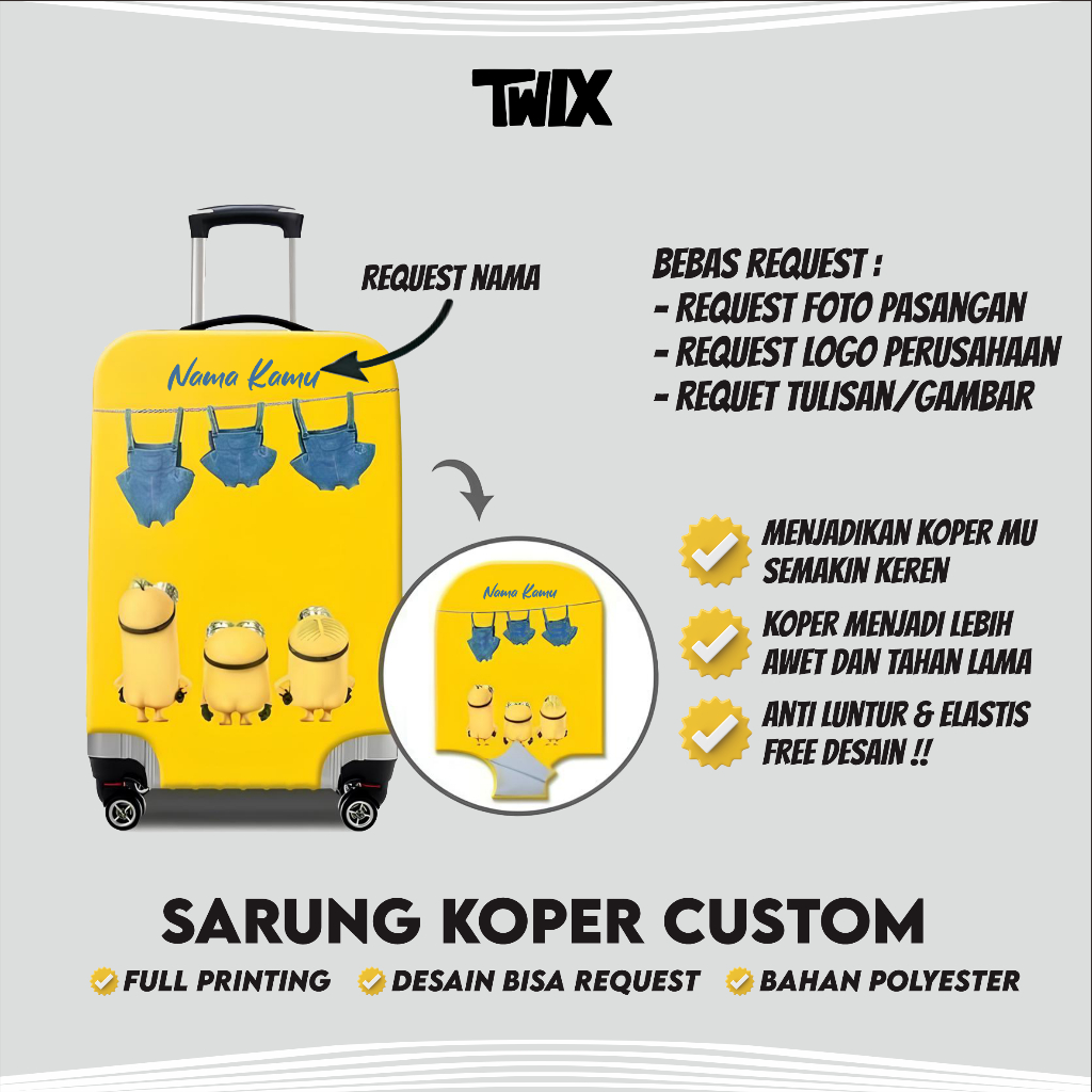 Sarung Koper Custom unik Full Printing Tema Minion Request Nama Sendiri Pelindung Koper Request Nama