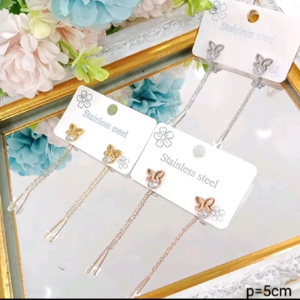 Anting jurai panjang 5cm titanium fashion wanita motif kupu kupu liontin permata putih anti karat & 