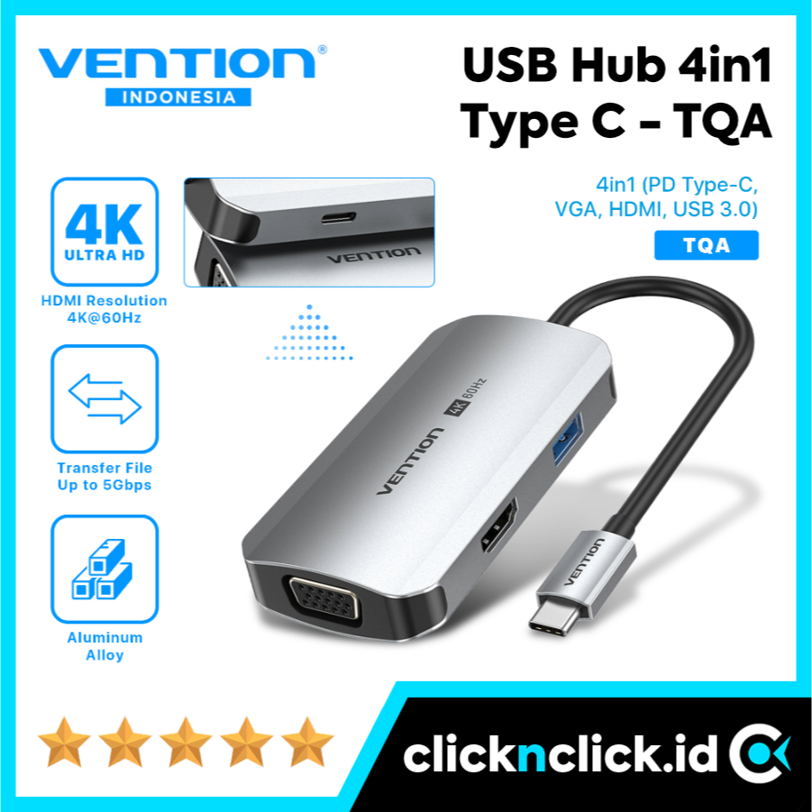 VENTION TQA USB Hub 4in1 Type C to HDMI VGA USB 3.0 PD 100W 4K 60Hz Multiport Adapter Adaptor Conver