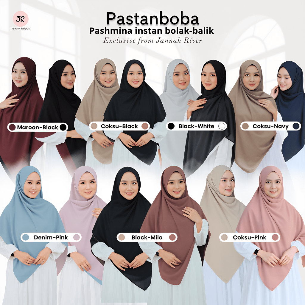 Jannah River Pastanboba Pashmina Instan Bolak-Balik Antem Anti Ribet 1 Hijab 2 Warna