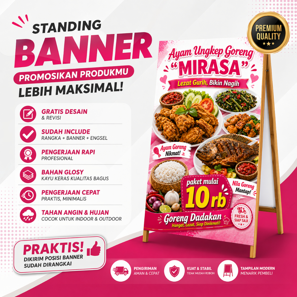 Standing Banner  60x110 cm + Rangka | Tanpa Pre Order | Gratis Desain dan Cetak | Banner segitiga pr