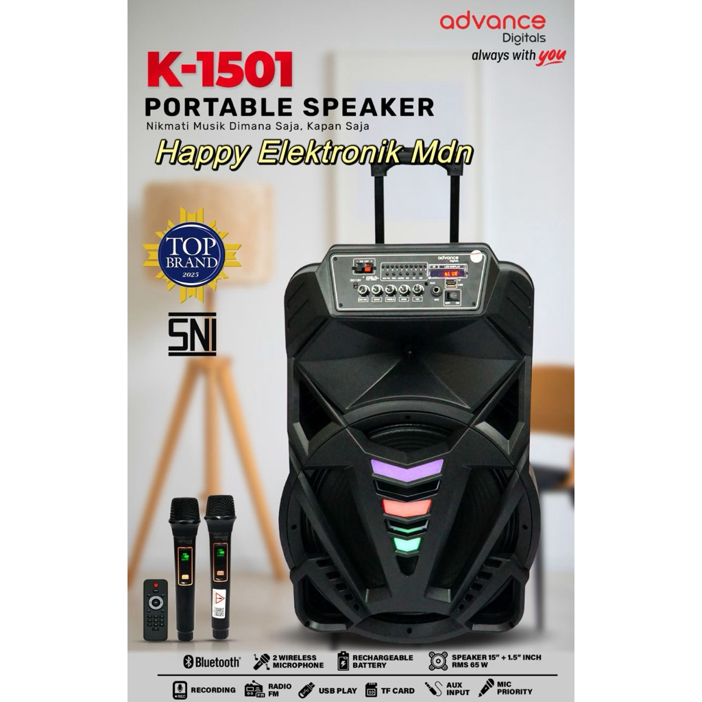 Advance K1501 New + 2 Mic charger Advance Speaker 15 Inch Advance Portable Speaker Advance K1501 Spe