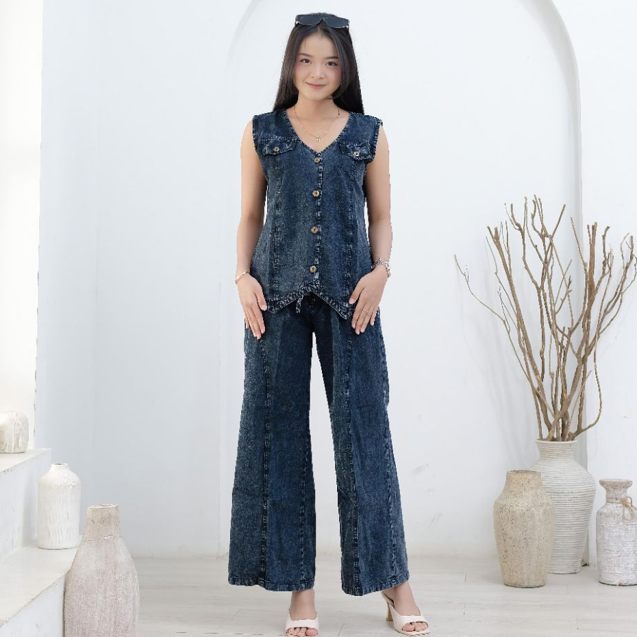 Enzy_Setelan Jeans wanita kekinian - ONEset Jeans Wanita atasan Vest Tanpa Lengan + Kulot jeans