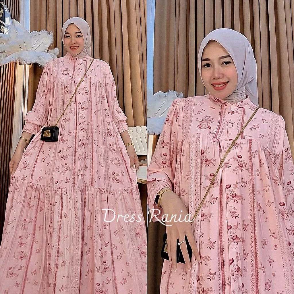 Serodja - Rania Dress Gamis Panjang Rempel Susun Motif Bunga Kain Rayon Premium