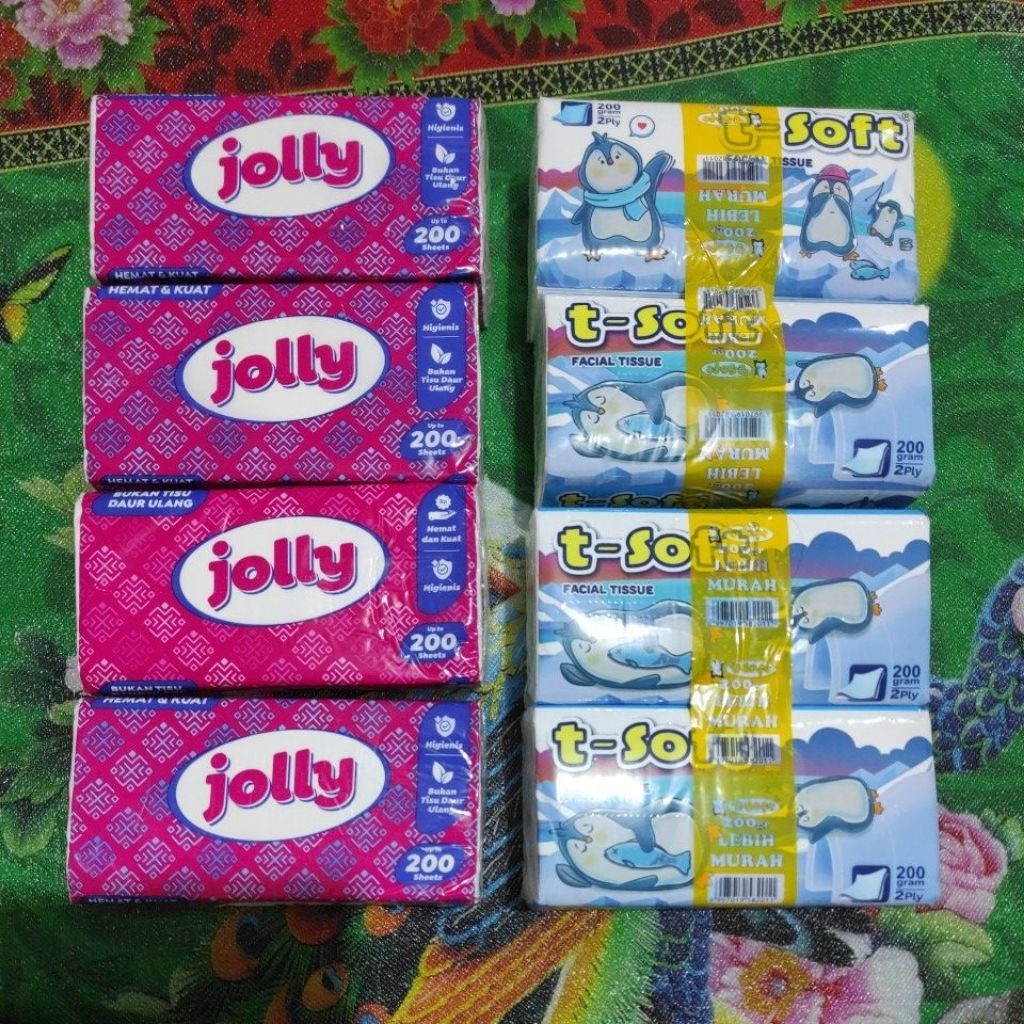 ( isi 4 pak ) Tisu Jolly 2 Ply 200 Sheets dan t-soft 200gram - Lembut, Kuat, dan Ekonomis