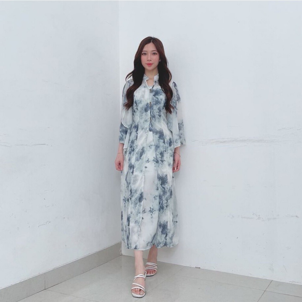 Floral Midi Dress Muslim Dress Cardigan Set Kekinian Original By Fadfad  Maxi Dress Hijau Lengan Pan