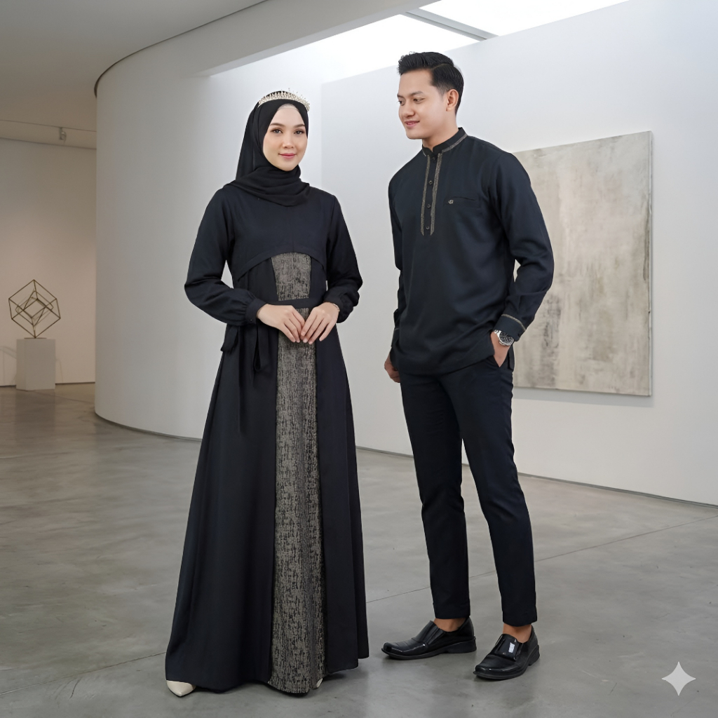 SARIMBIT COUPLE BLACK ALFINA ILHAM LONG BY SILMI FASHION BAHAN KATUN MADINA JACQUARD BAJU BUSANA MUS