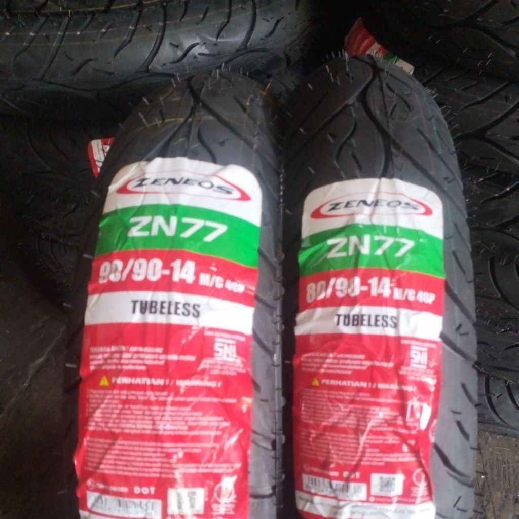 paket ban tubeless Zeneos 80/90/14 dengan 90/90/14 original Zeneos.