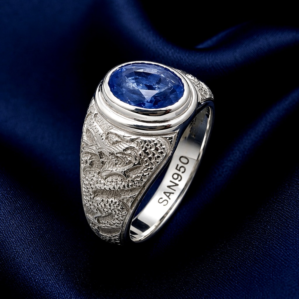 Cincin Ikat Batu Akik Motif Ukiran Naga SAN950 EB287 - Ring Pria Perak 950 Custom Handmade Kosongan 