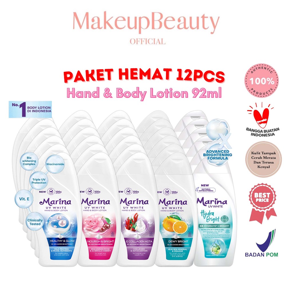 [PAKET 12PCS] MARINA Hand Body Lotion UV White 92ml - Nourish & Bright / Healthy & Glow / Dewy Brigh