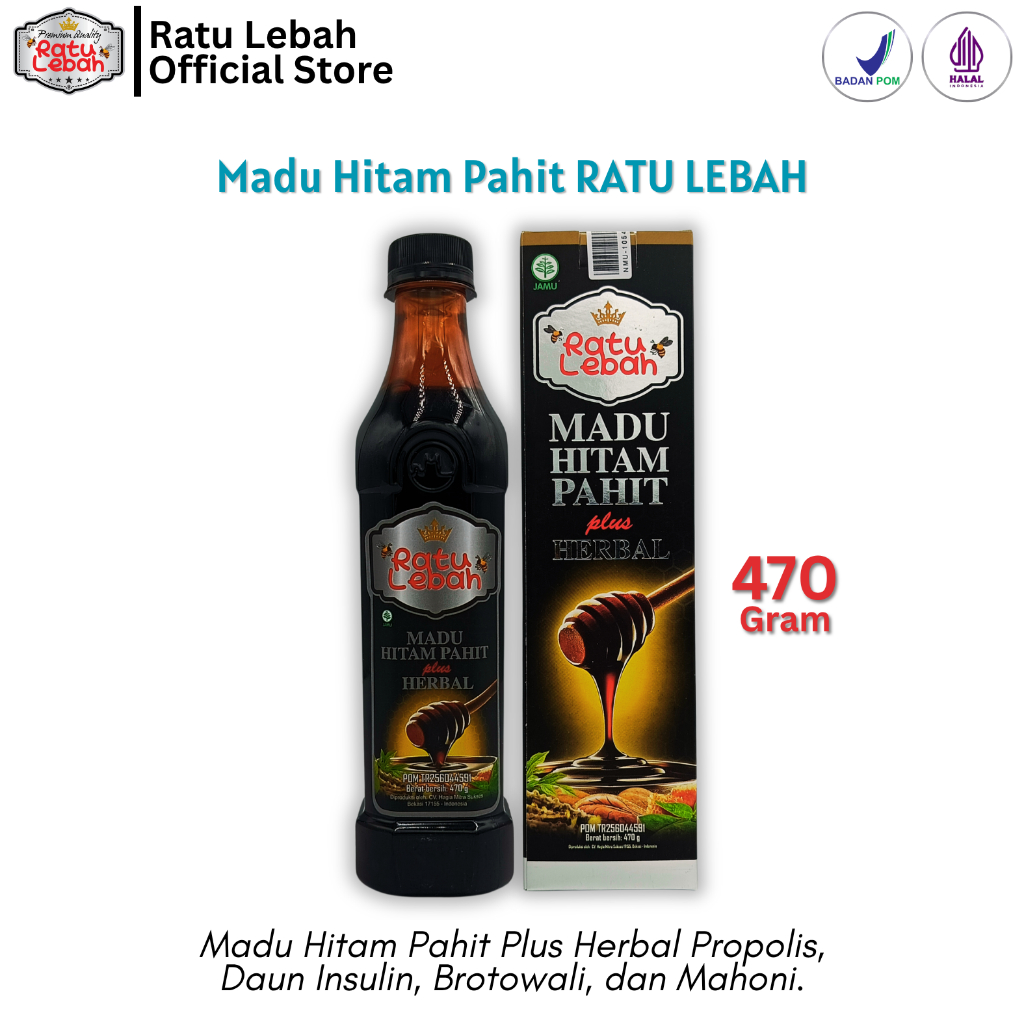 Ratu Lebah Madu Hitam Pahit Plus Herbal Propolis Daun Insulin 470gr Original Halal BPOM