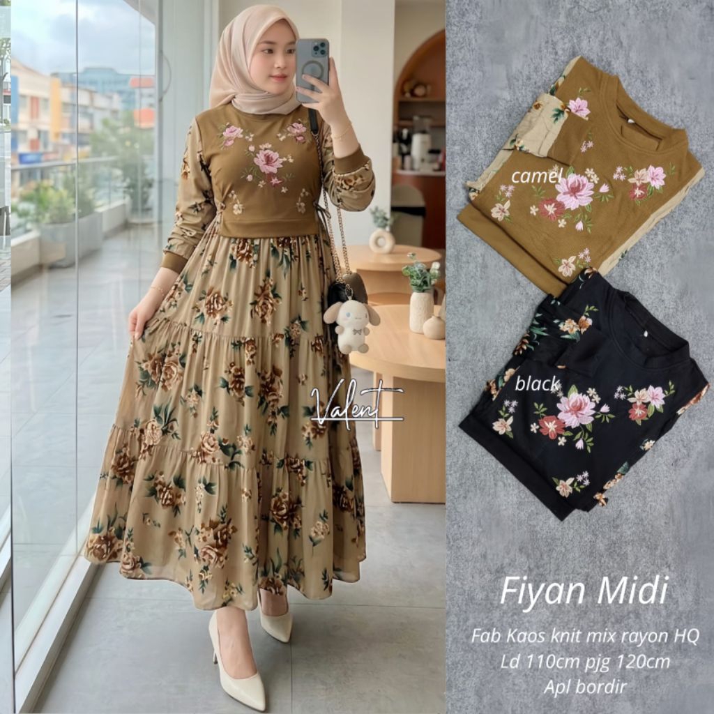 Fiyan Midi Dres Bahan Kaos Knit Mix Rayon Motif Bunga Nyaman Dipakai
