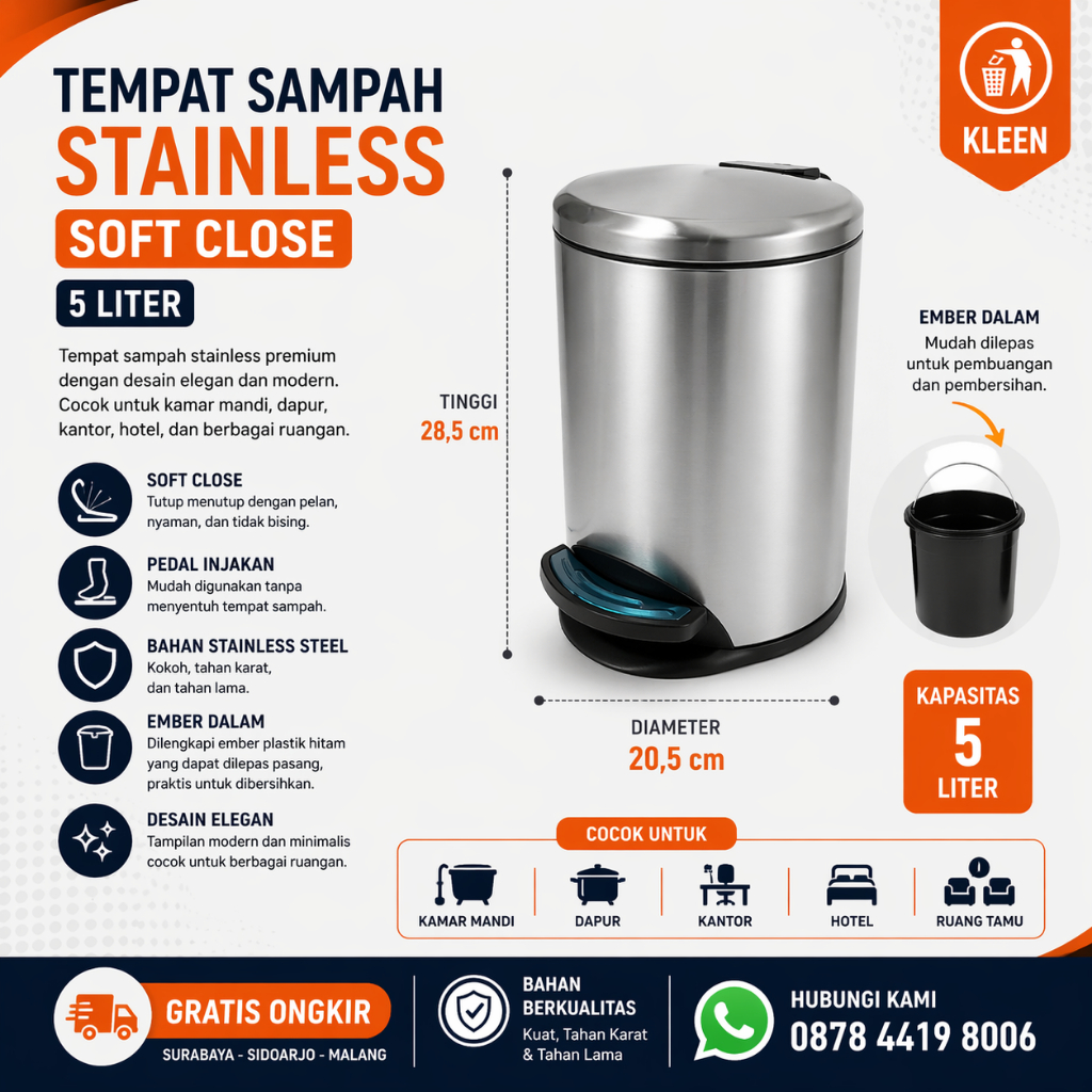Tempat Sampah Stainless Softclose 5 12 liter