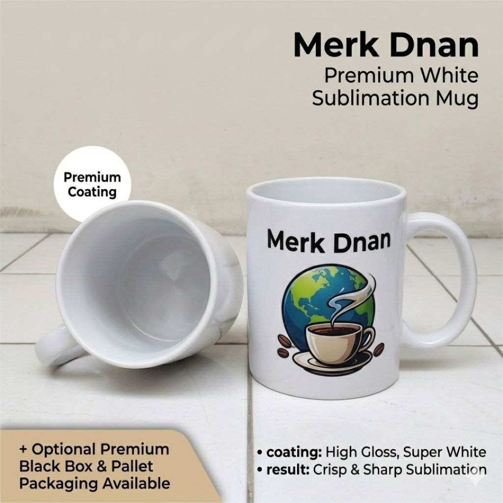 Mug Coating Putih Polos Import / Sablon Mug Sublim Super White Import Murah Merk Dnan kardus hitam t
