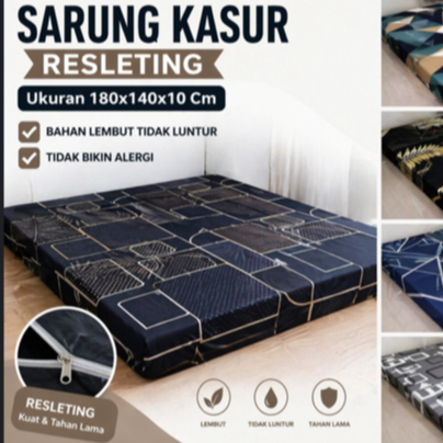 Sarung Kasur Resleting Ukuran 180x140x10 Cm. Bahan Lembut Tidak Luntur & Tidak Bikin Alergi (Sarung 